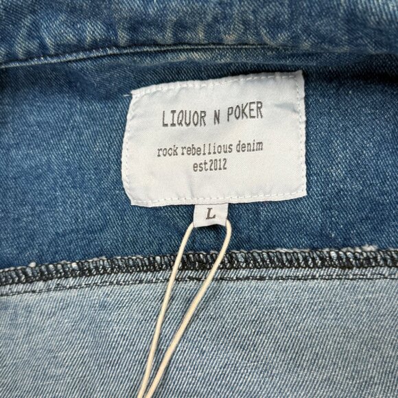 Liquor N Poker Cut and Sew Denim Jacket Colorblock Blue Cotton Size L NWT - Picture 12 of 14